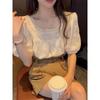 Summer Fashion Square Neck Lace Women Blouse Casual Sweet Loose Puff Short Sleeve Tops Solid Color Elegant Casual Hooked Flower Hollow Apricot Shirt