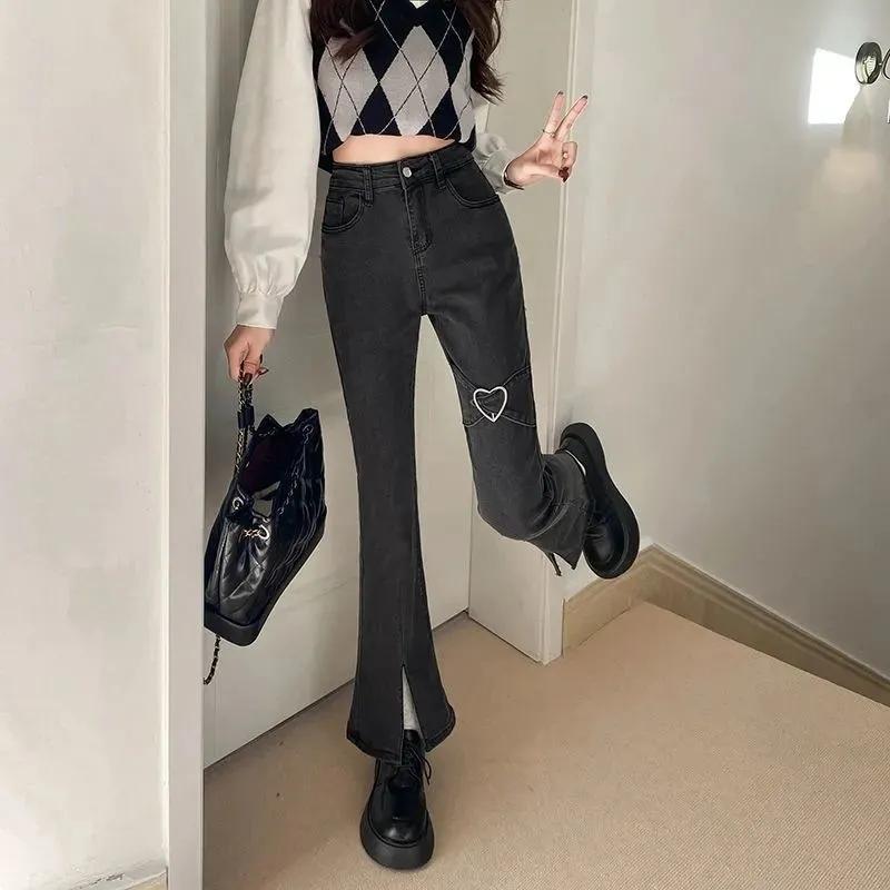 Джинсы для женщин, винтажные серые джинсовые брюки-клеш, уличная одежда, тонкие брюки для мам с высокой талией, брюки Harajuku Y2k