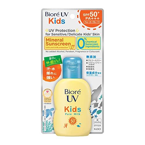 Солнцезащитное молочко Biore UV Kids Pure Milk 70 мл SPF50 / PA+++ имеет минеральную барьерную формулу без химических фильтров, не содержит отдушек.