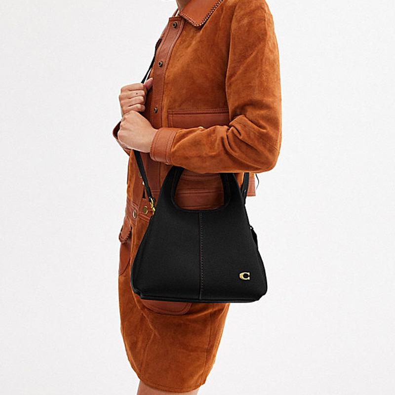 COACH Lana 23 Solid Gold Logo Zip Compartment Quilted Hardware Buckle Pebbled Leather Shoulder Tote Medium Women's Black