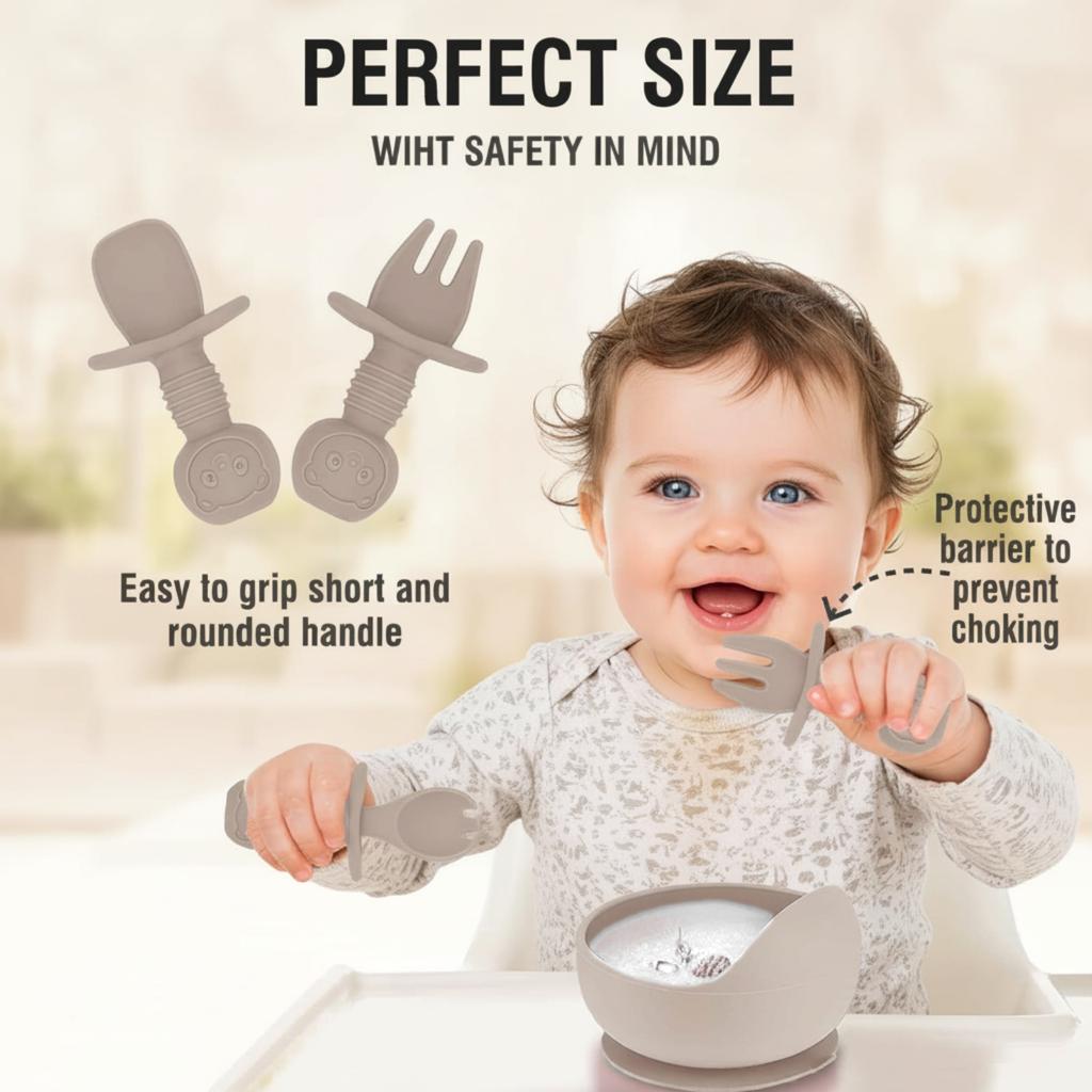 Baby Feeding Set 8-Piece, Silicone Toddler Utensils, Suction Bowl Plate Bib Fork Spoon Snack Cup, Allergen-Free Beige