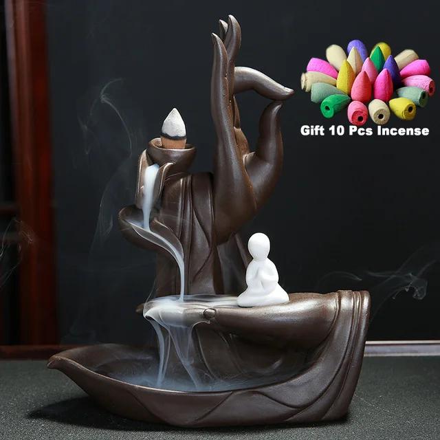 Gift 10Cones Ceramic Incense Censer Buddha Hand Backflow Incense Burner Lotus Incense Stick Holder