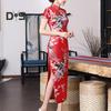 Women Dress Chinese National Style Floral Print Stand Collar Short Sleeves High Side Split Chinese Knot Buttons Cheongsam Satin Silky Slim Fit Summer