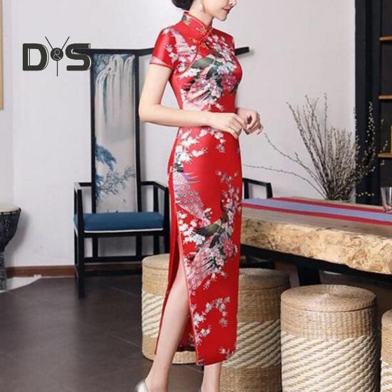 Women Dress Chinese National Style Floral Print Stand Collar Short Sleeves High Side Split Chinese Knot Buttons Cheongsam Satin Silky Slim Fit Summer