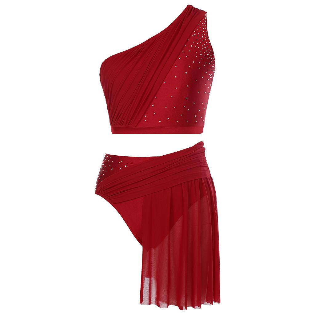 Женский лирический танцевальный костюм, укороченный топ на одно плечо с сетчатой юбкой, трусы, двухкомпонентный современный наряд