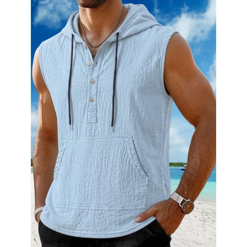 Men Hooded Drawstring Half Button Sleeveless Pocket Linen Vest