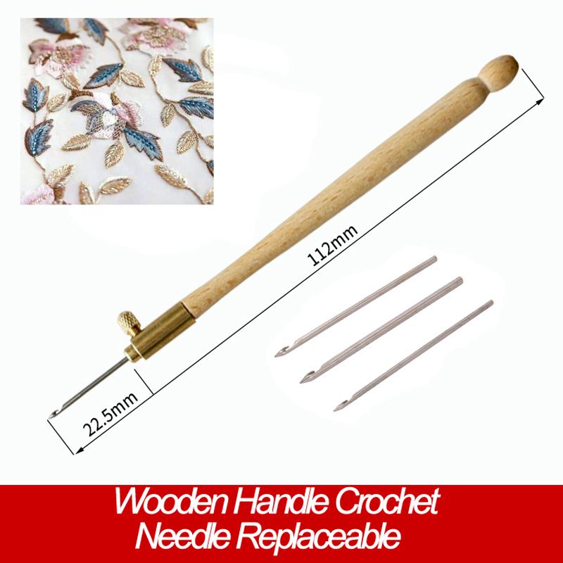 Крючок для вязания крючком с деревянной ручкой и 3 иглами, обруч для вышивания бисером, набор швейных инструментов