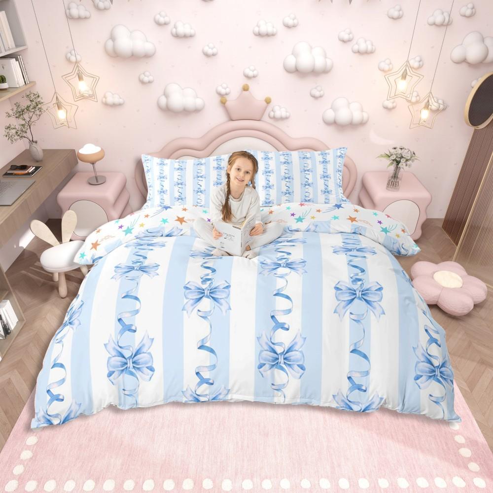 Homewish Pink Ribbon Bow Duvet Cover Set for Girls,Kawaii Princess Cartoon Bedding Set,Cute Stars Print Reversible Bed Set