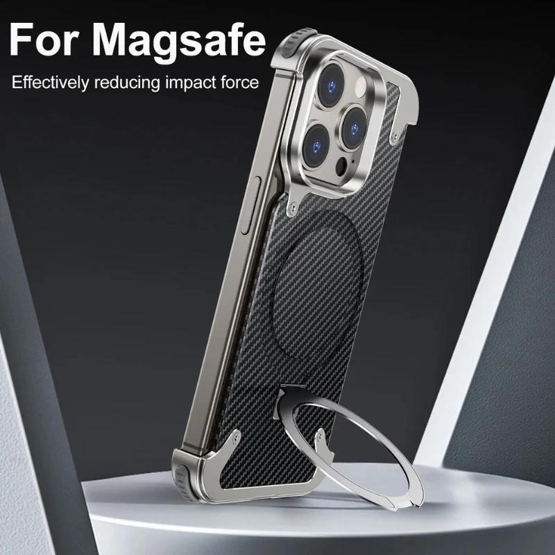 Luxury Metal Magnetic Magsafe Phone Holder Case for iPhone 16 15 14 Pro Max Aluminum Alloy Carbon Fibre Wireless Charging Cover
