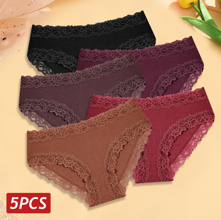 5PCS Cotton Panties Women Floral Lace Briefs Seamless Sexy Lingerie Low Rise Elastic Underpant Female Breathable Soft Underwear