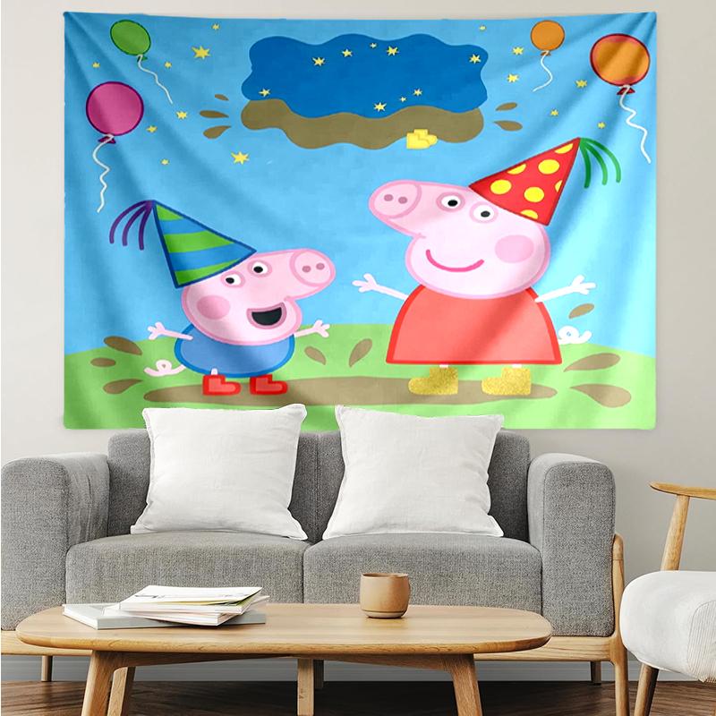 Peppa-Pig Print Tapestry, Backdrop, Easy Setup, Ideal for Bedroom, Office & Living Room, with Aesthetic Wall Hanging Decor.