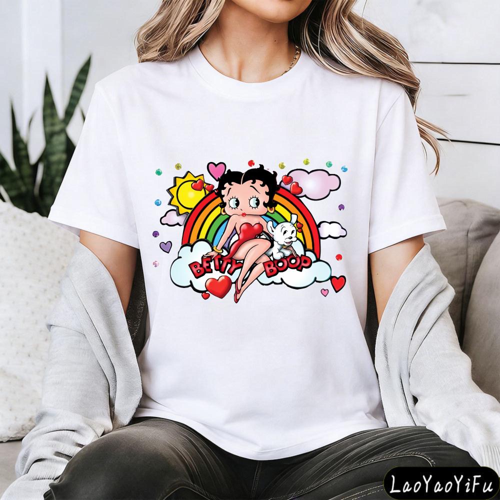 Winking Betty Boop in Red Circle Happy Birthday TShirt Retro Style Women Casual Cotton Short Sleeve Betty Boop Fan Gift Shirt