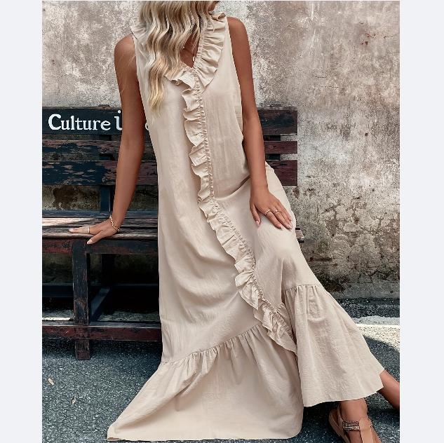 Women'S Spring And Summer Bohemian Maxi Dresses, Solid Color V-neck Sleeveless Pleated Hem Smoked Long Dress