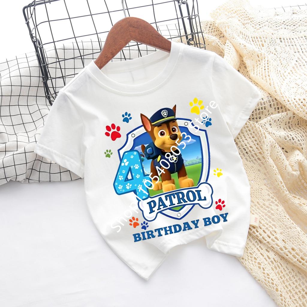 Paw Patrol White Tshirts for Boys Anime Cartoon Cute Birthday Clothing Children Summer Fashion Short Sleeved Shirt Kids Clothes