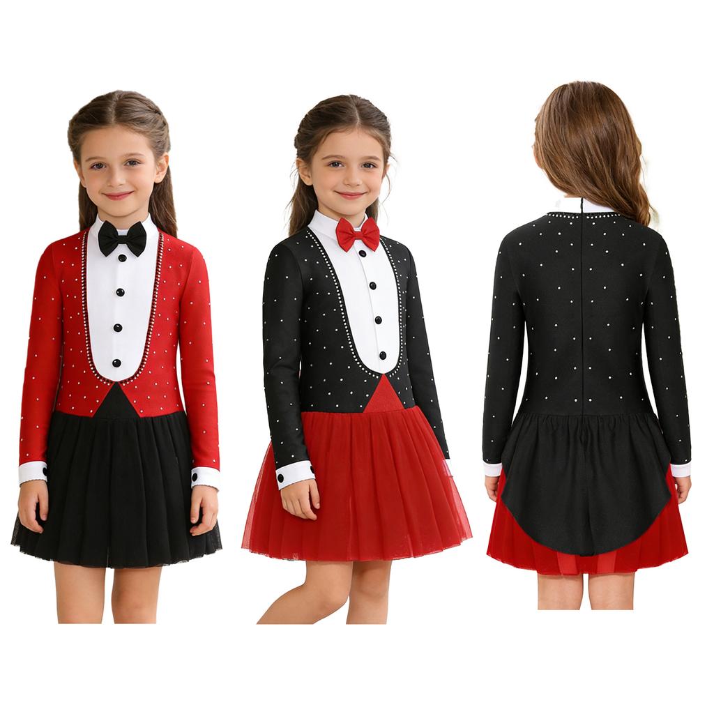 Girls Magician Costume Color Block Bowtie Mock Neck Long Sleeves Back Invisible Zipper Rhinestone Dress