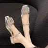 Baotou Half Slippers Women's Summer Wear Silver Rhinestone Sandals 3 Cm Small Heel Thick Heel Square Head Muller French Sandals