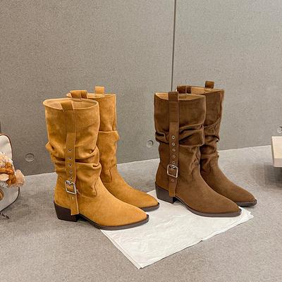 Версия из коровьей кожи~ ретро стиль пряжка для ремня плиссированные ковбойские сапоги в западном стиле женские до колена с острым носком на толстом каблуке сапоги-рыцари средней длины