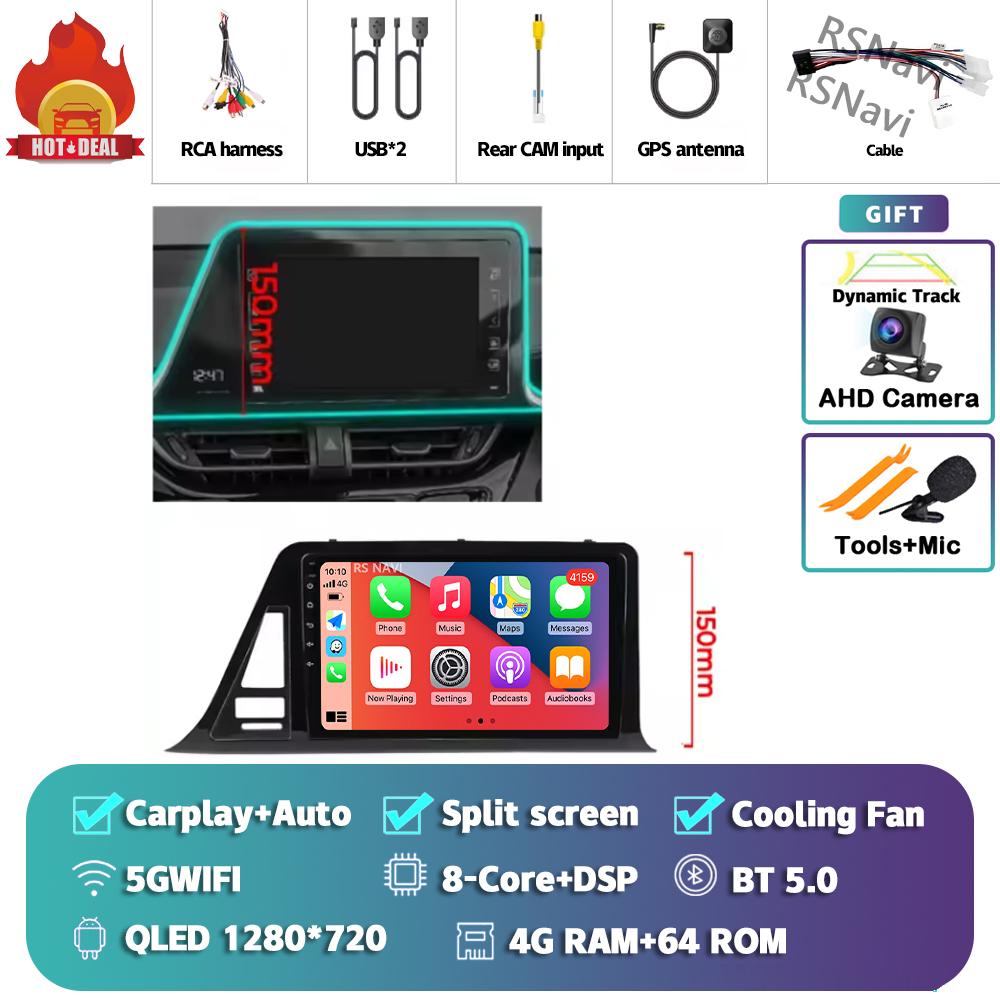 Android 14 Carplay Auto Для Toyota C-HR 2016 - 2020 Автомагнитола Мультимедийная стереосистема Камера 360 Навигация Видео ИИ Голосовое управление GPS