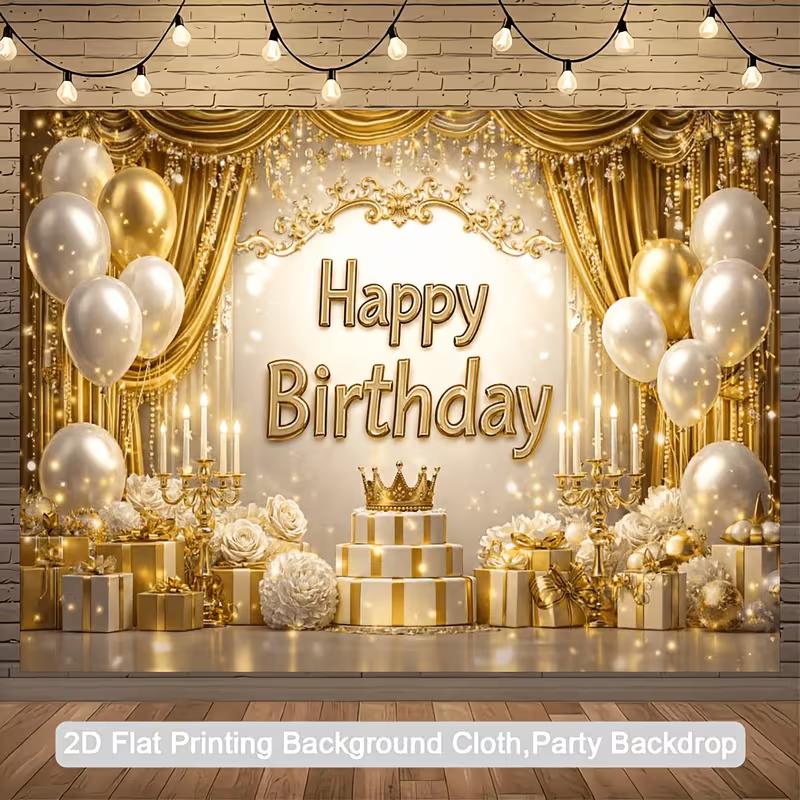 2D Royal Gold Happy Birthday Backdrop Banner Photography Background for Adult Party