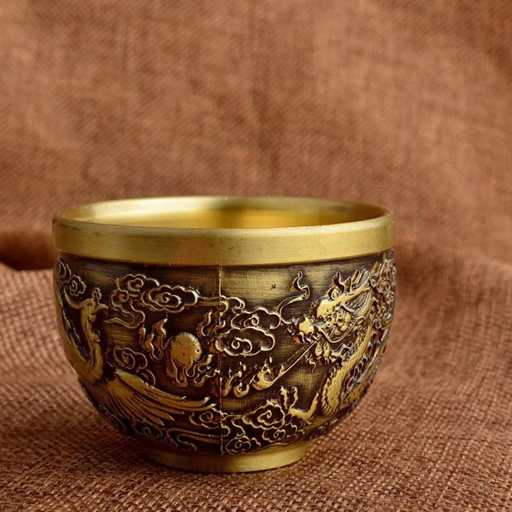 Antique Relief Dragon And Auspicious Slim Waist Cup Tea Table Decoration Copper Cup Chinese Small Waist Cup