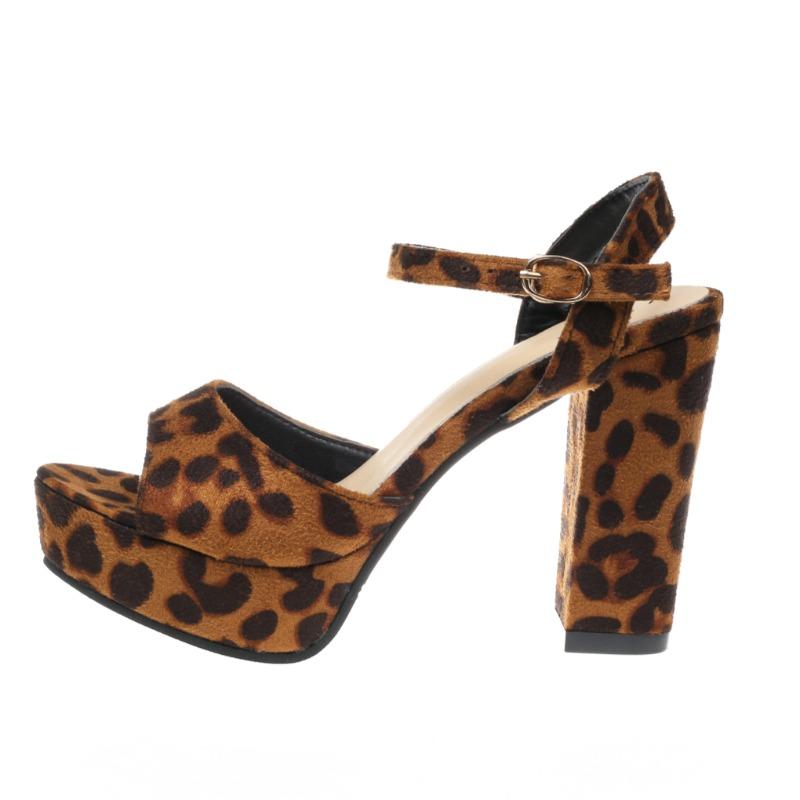 Модные летние новые сандалии на толстом каблуке, женская мода, круглый носок, замша, леопардовый принт, толстая подошва, противоскользящие, износостойкие, высокие каблуки