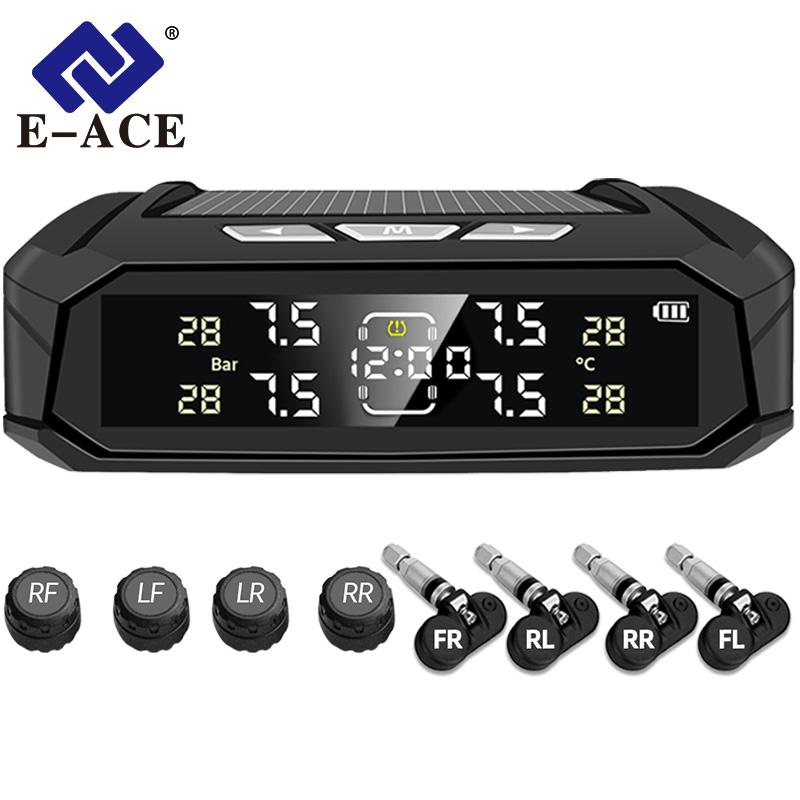 E-ACE K10 Солнечная TPMS Автомобильная система сигнализации давления в шинах Система контроля температуры шин Цифровой дисплей Автоматические системы охранной сигнализации с 4 датчиками