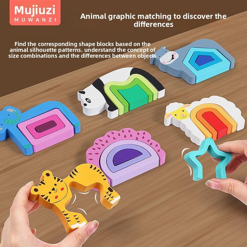 Wooden Block Puzzle With Farm Animal And Geometric Patterns For Infant Development