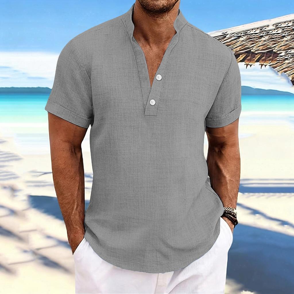 Men's Stand-up Collar, Half-open Jacket, Linen Short-sleeved Shirt