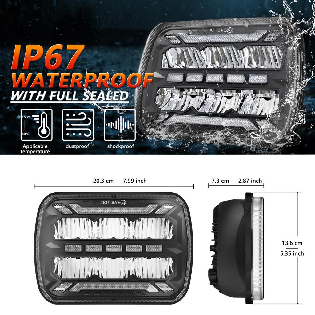 7x6 LED Headlights 5x7 Square LED Headlamp 1Pair with Daytime Running Lights Turn Signal Light High