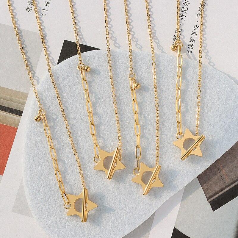 Stainless Steel Star Ot Buckle Design Necklace Pendant Plated Gold for Women's Gothic Accessories Jewellery Christmas Gift