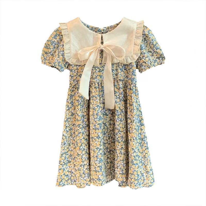 Summer Floral Princess Dress - Short-Sleeved Korean Lapel Style for Girls