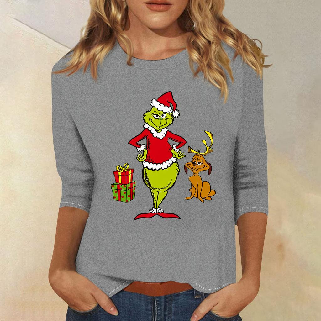 3/4 Sleeve Tops For Women T-Shirt Casual Christmas Print Tops T Shirt Round Neck Pullover Blouse