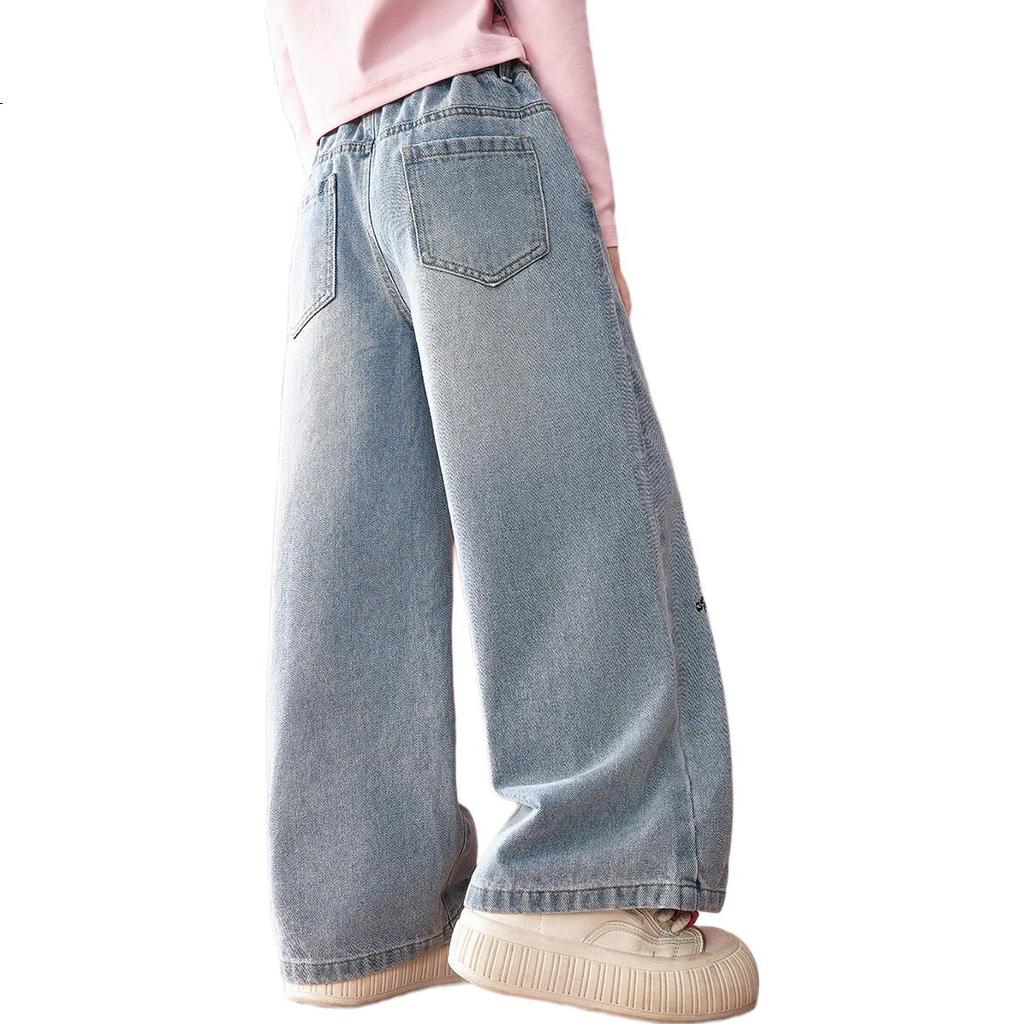 ASK JUNIOR Girls' Pants, Spring 2026 Embroidered Denim Trousers, Draping Wide-Leg Straight Pants, Blue, Size 120