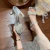 High Heels, New One-word Sandals In the Summer of 2025, Temperament Rhinestone Square Head Open-toed Women's Shoes Are Popular In Summer