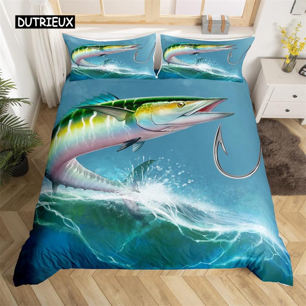 Пододеяльник с изображением рыбы-меч «Марлин» Kawaii Marine Life, комплект постельного белья из микрофибры, тема океана, большая рыба-щука, пододеяльник для односпальной кровати, двуспальная кровать