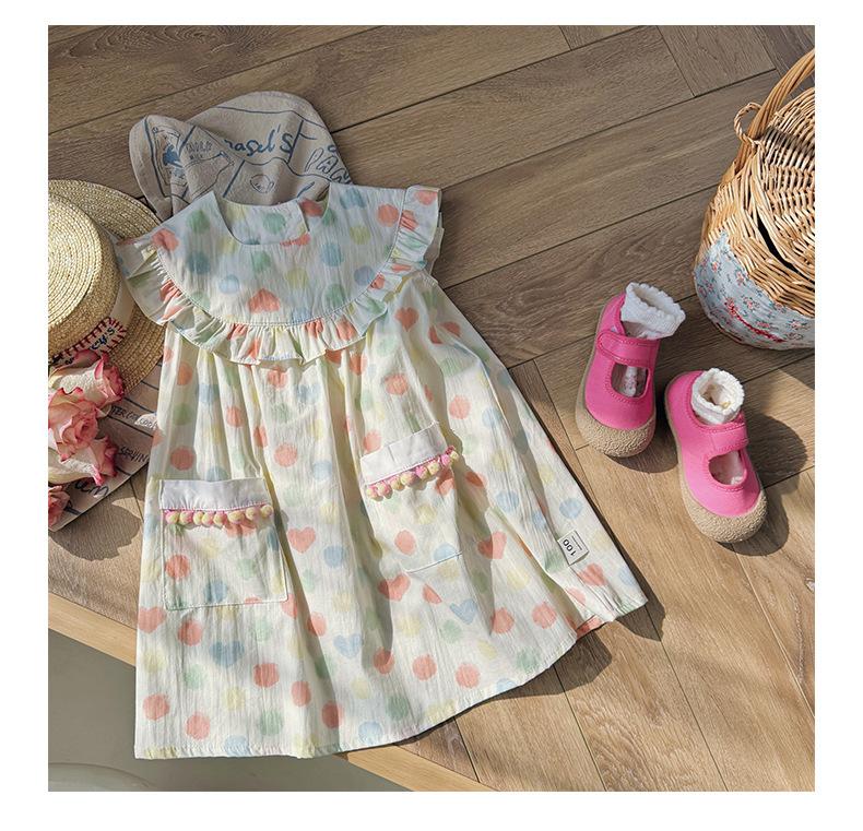 2024 летняя новая детская одежда, красочное платье в горошек для девочек, корейское платье с кукольным воротником и рюшами, детская юбка, милая