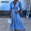JPNTKY Модные Летние Весенние Однотонные Платья с Принтом, Короткий Рукав, V-образный Вырез, Повседневные