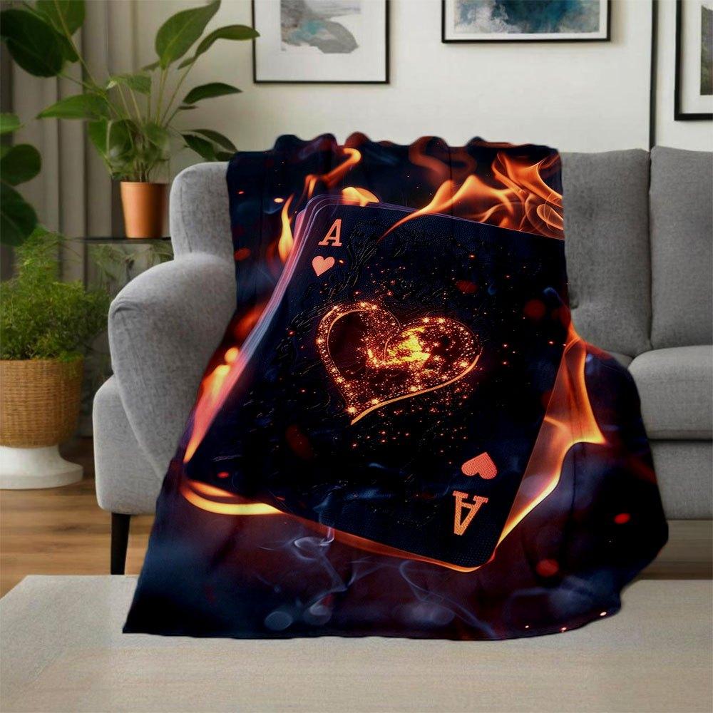 Flaming Heart Ace Playing Cards - Limited Edition Poker DeckBlanket Flannel Throw Blanket for Sofa, Bed, Travel, Camping, Office