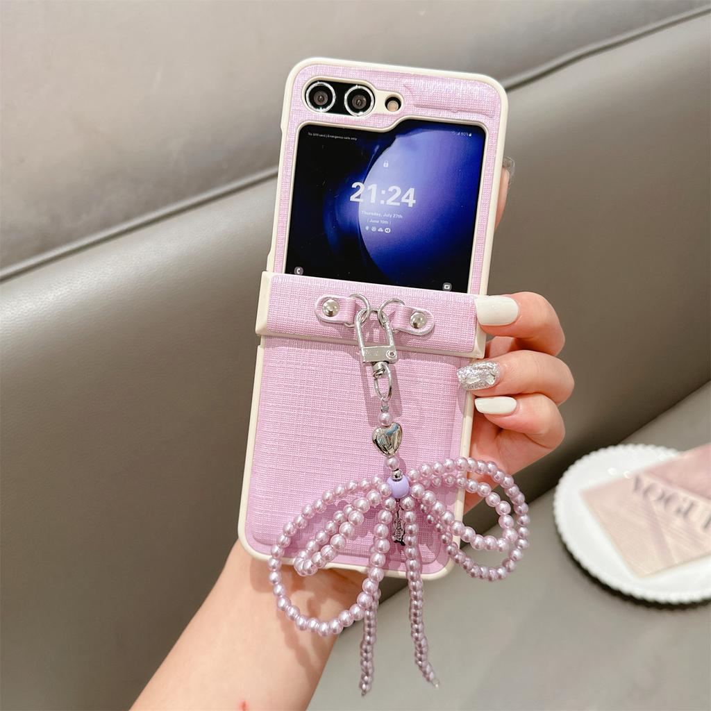 For Samsung Galaxy Z Flip7 FE 5G/Z Flip6 5G Case Hinge Protection Leather+PC Phone Cover with Bow Beaded Strap