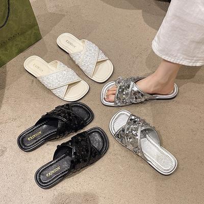 Красивые маленькие крутые тапочки на плоской подошве, женская летняя обувь, новые высококлассные серебристые пайетки, с юбкой, шлепанцы-одно слово