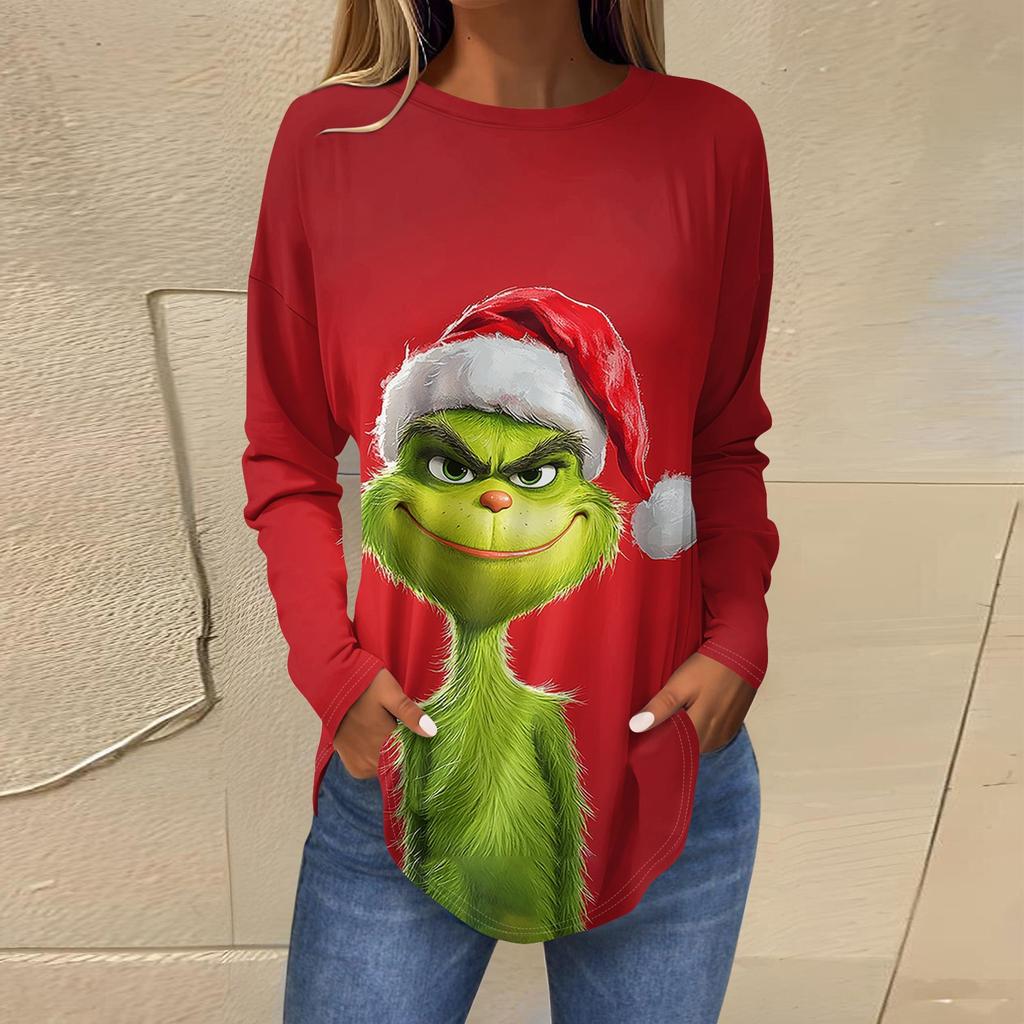 Women's Loose Round Neck Print Long Sleeve T-Shirt Top Pullover