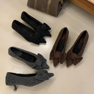 Французско-серые туфли с пушистым бантом, женская обувь, верхняя одежда, осень и зима 2025, бархатные, с юбкой, вечерние туфли-лодочки, хлопок