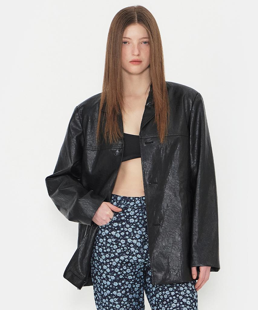 Normor Metal Tab Detail Leather Jacket Black
