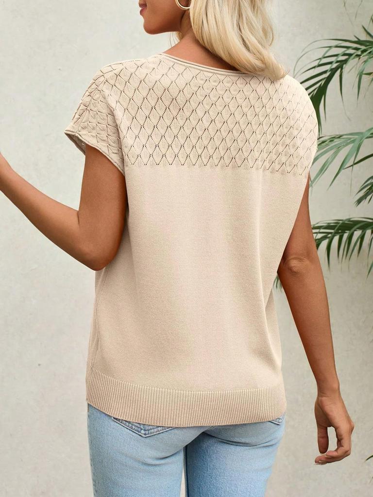 Women's Crochet Knit Short Sleeve Sweater Top Crew Neck Summer Casual Pullover