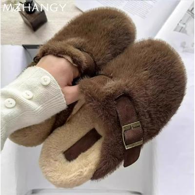 Модные женские тапочки на плоской подошве с мехом, повседневные туфли-мюли с открытой пяткой, тренд 2025 года, модная домашняя обувь из плюша и хлопка, зимние новинки для женщин, зимние ботинки