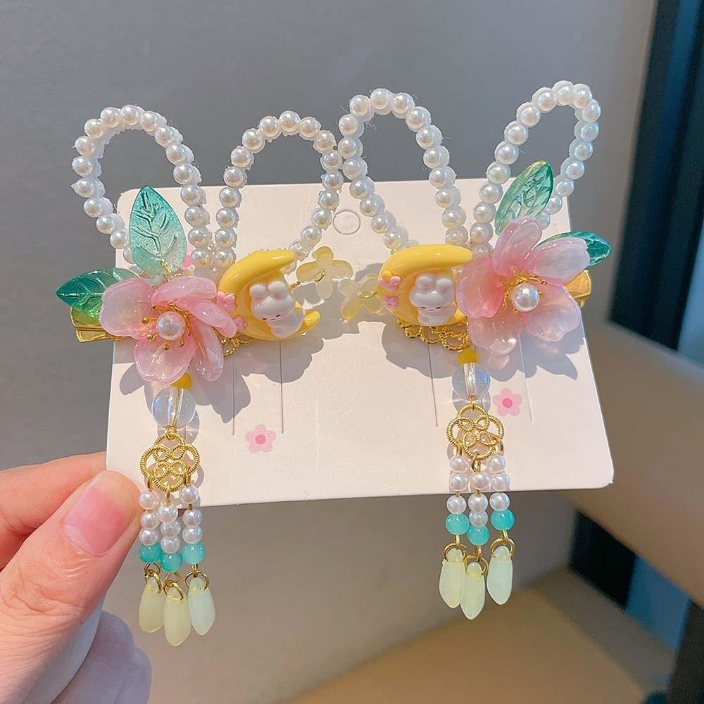 1 Pair Floral Tassel Pearl Bunny Hair Clips Vibrant Color Fairy Hairpins Hanfu Hair Clips Festival
