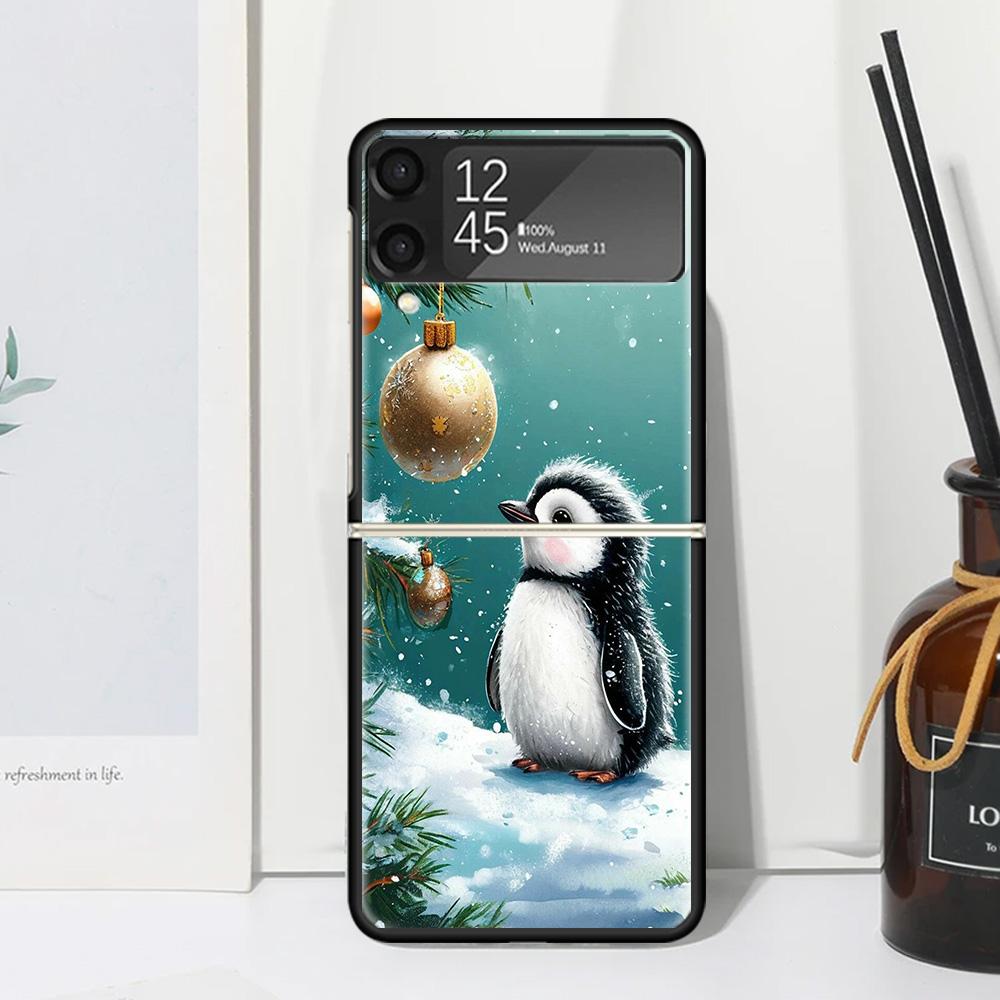 Christmas Penguin Phone Case Cover for Samsung Galaxy Z Flip 7 6 5 4 3 5G Flip3 Flip4 Flip5 ZFlip6 ZFlip7 Black Fundas Galaxy Z