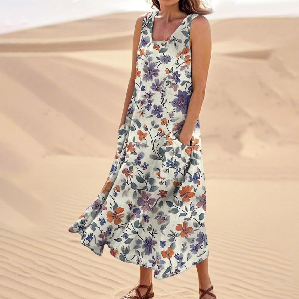 Женское летнее повседневное модное платье без рукавов с цветочным принтом и карманом
