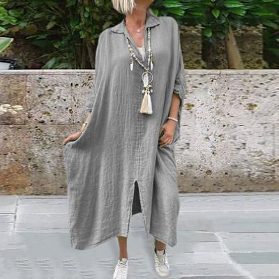 Летнее женское платье V-образный вырез разрез по подолу рукав три четверти свободное плюс