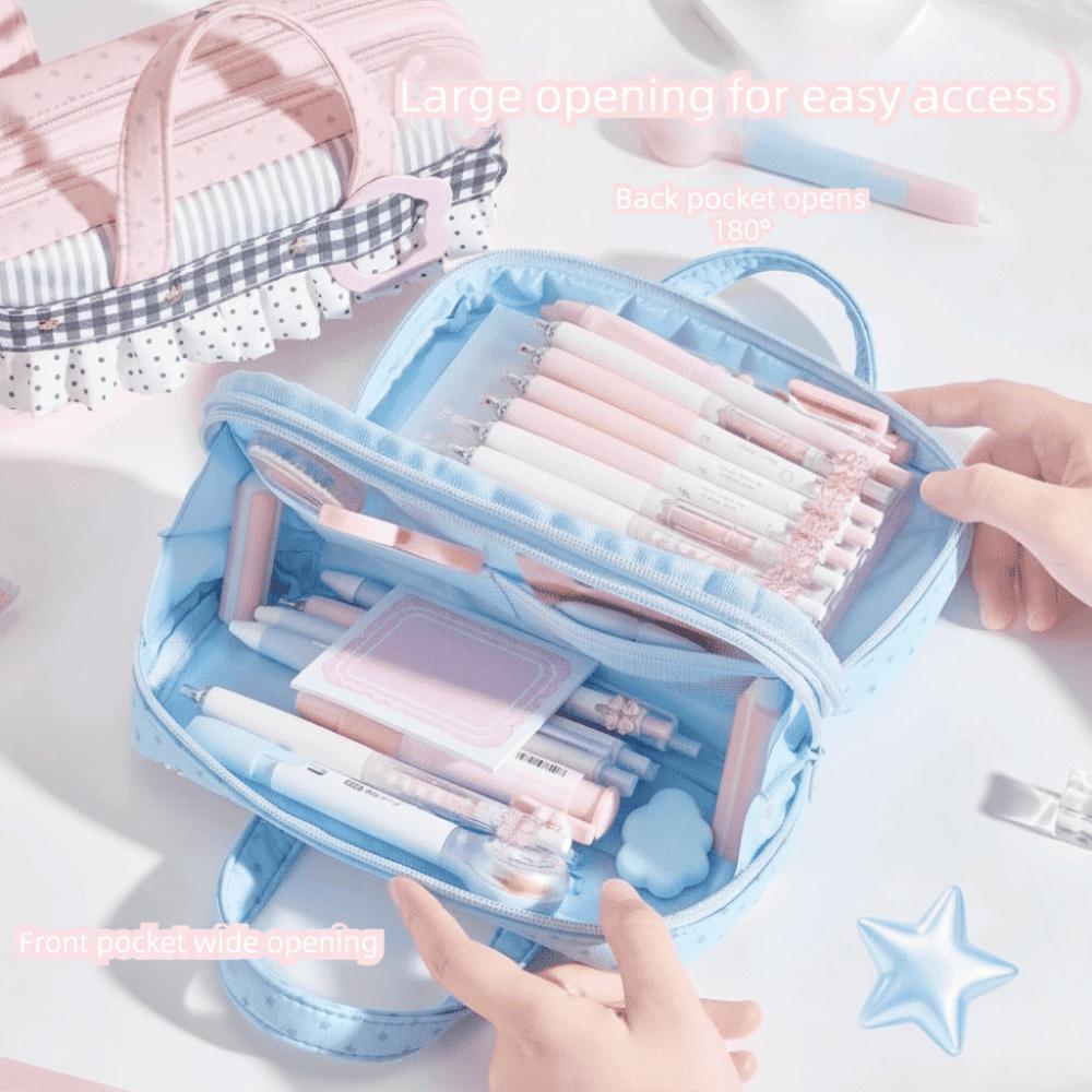 Carry Handles Pencil Pouch Polka Dot Pattern Zipper Pencil Case Cute Pencil Case School Supplies